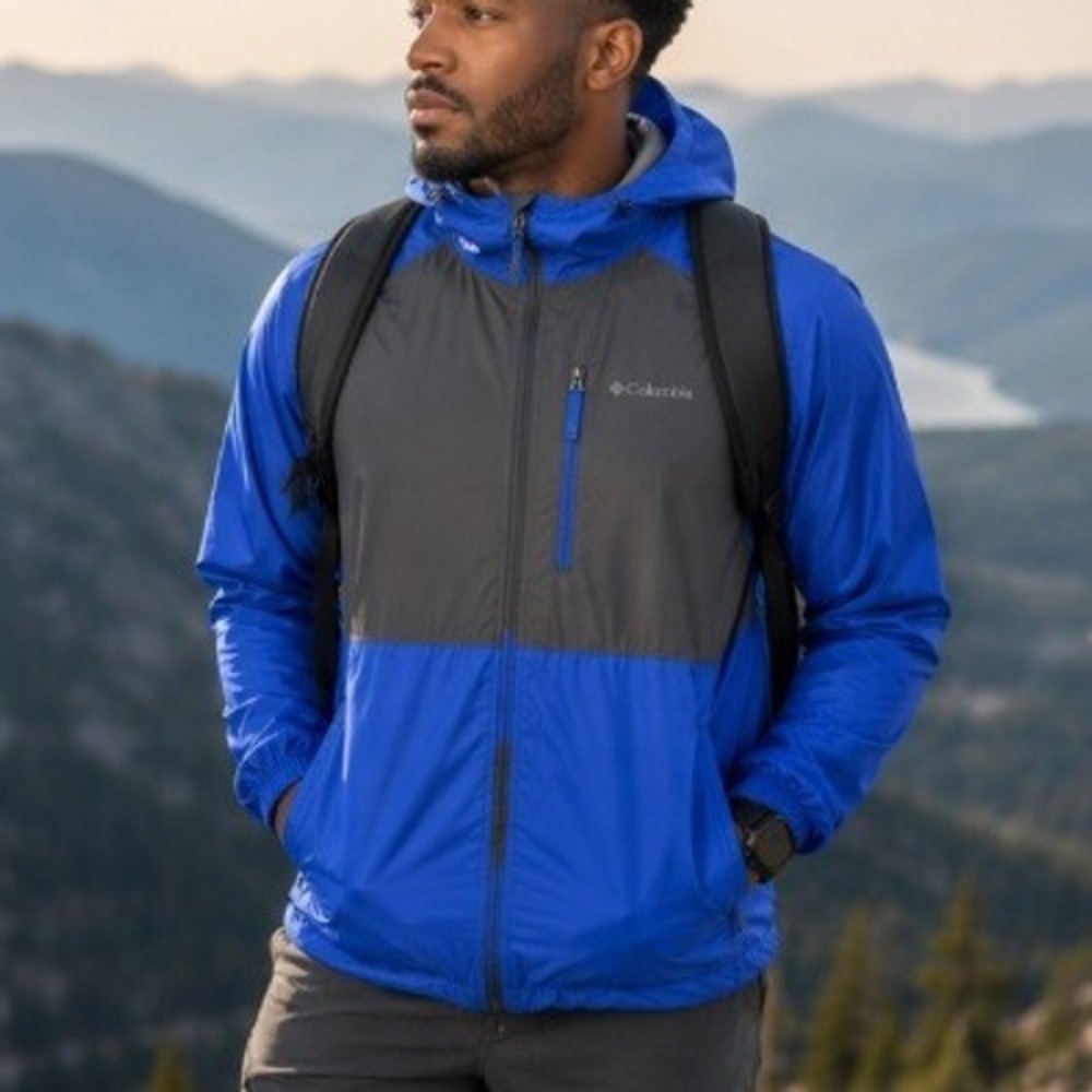 Columbia Colorblock Lightweight Outdoor Hooded Windbreaker Blue Men's Medium